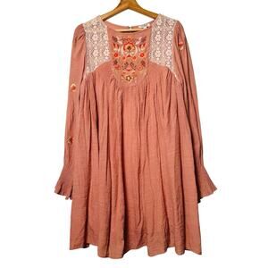 Umgee Embroidered Tunic Dress Large Boho Western Lace Yoke Lined Smocked Cuffs